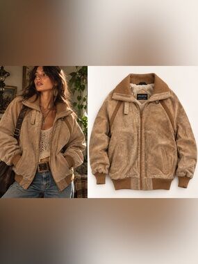 Vintage 20th Century Genuine Leather Bomber Jacket Tan Sherpa Lined 11/12 Small